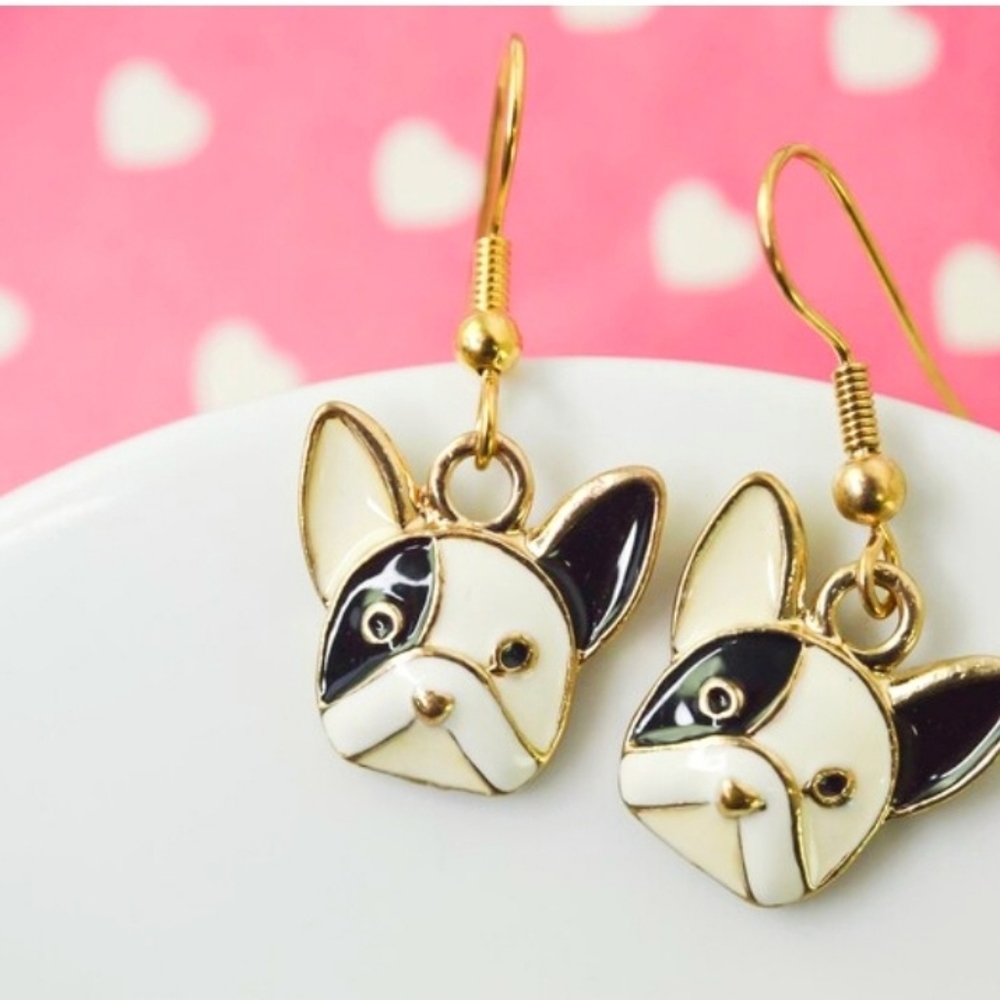 Gold plated black crystal Boston terrier/French bulldog earrings - Picture 7 of 11